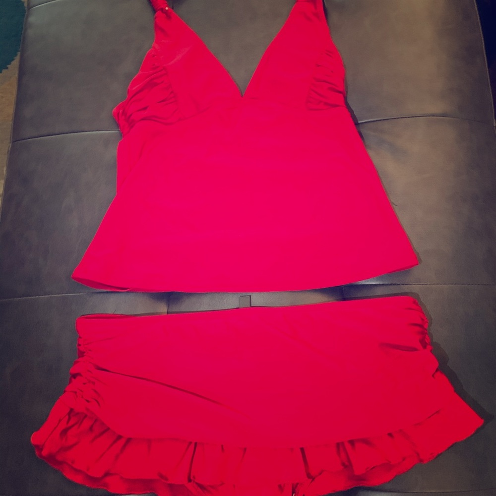 Two Piece Red Halter Swimsuit with Ruched Bottom